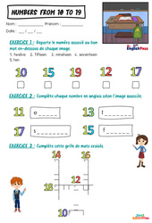Exercice Numbers (from 10 to 19) - Vocabulaire - Exercices - Apprends l'anglais avec Kelly and James - PDF à imprimer