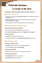 Cours et exercice : Le monde au XVIème siècle - 5ème - Fiche de révision / QCM - Cycle 4 - PDF à imprimer