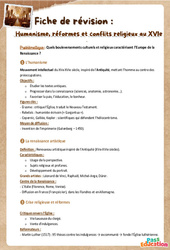 Exercice Humanisme, réformes et conflits religieux – 5ème – Fiche de révision / QCM - Cycle 4 - PDF à imprimer
