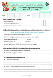 Evaluation Connaître les règles de civisme pour bien vivre en société – CM1 – Evaluation – EMC - Cycle 3 - PDF à imprimer
