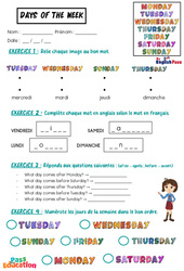 Days of the week – Vocabulaire – Exercices – Apprends l’anglais avec Kelly and James - Cycle 1 - PDF à imprimer