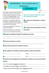 Exercice Lire un article dictionnaire – CM2 – Exercices avec les corrections - Cycle 3 - PDF à imprimer