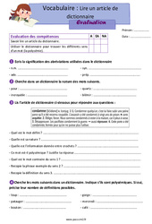 Evaluation Lire un article dictionnaire – CM2 – Evaluation avec les corrigés - Cycle 3 - PDF à imprimer