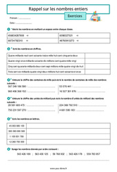 Evaluation Rappel sur les nombres entiers - Exercices de 6ème - Cycle 3 - PDF à imprimer