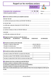 Evaluation Rappel sur les nombres entiers - Évaluation de 6ème avec la correction - Cycle 3 - PDF à imprimer