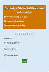 Leçon, exercice et évaluation :<br/> Différencier phrases simples et complexes : CM2 - Exercice en ligne - Cycle 3