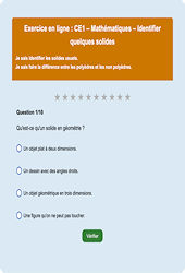 Leçon, exercice et évaluation :<br/> Identifier quelques solides : CE1 - Exercice en ligne - Cycle 2