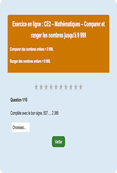 Leçon, exercice et évaluation :<br/> Comparer et ranger les nombres jusqu'à 9 999 : CE2 - Exercice en ligne - Cycle 2