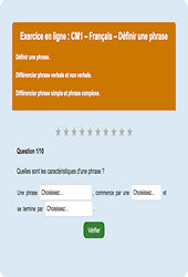 Leçon, exercice et évaluation :<br/> Définir une phrase : CM1 - Exercice en ligne - Cycle 3