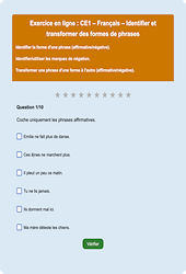 Leçon, exercice et évaluation :<br/> Les formes de phrases : CE1 - Exercice en ligne - Cycle 2