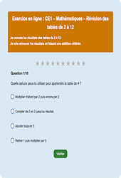 Leçon, exercice et évaluation :<br/> Révision des tables de 2 à 12 – Tables de multiplication : CE1 - Exercice en ligne - Cycle 2
