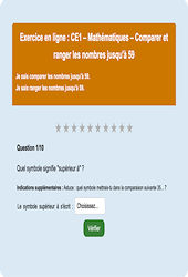 Leçon, exercice et évaluation :<br/> Comparer et ranger les nombres jusqu'à 59 : CE1 - Exercice en ligne - Cycle 2