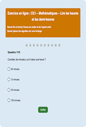 Leçon, exercice et évaluation :<br/> Lire l'heure : CE1 - Exercice en ligne - Cycle 2
