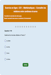Leçon, exercice et évaluation :<br/> Monnaie et prix euros : CE1 - Exercice en ligne (1) - Cycle 2