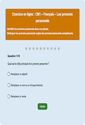 Leçon, exercice et évaluation :<br/> Les pronoms personnels : CM1 - Exercice en ligne - Cycle 3