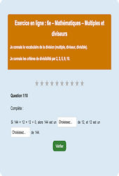 Cours et exercice : Multiples et diviseurs : 6ème - Exercice en ligne - Cycle 3