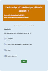 Leçon, exercice et évaluation :<br/> Tables de 6 à 10 – Tables de multiplication : CE1 - Exercice en ligne - Cycle 2