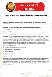 Civils et militaires dans la Première Guerre mondiale - 3ème - Sujets et corrigés du Brevet Histoire #7 - Cycle 4 - PDF à imprimer