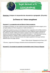 La France et l'Union européenne - 3ème - Sujets et corrigés du Brevet Géographie #4 - PDF à imprimer