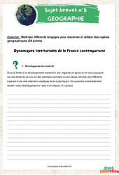 Dynamiques territoriales de la France contemporaine - 3ème - Sujets et corrigés du Brevet Géographie #5 - PDF à imprimer