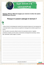 Pourquoi et comment aménager le territoire ? - 3ème - Sujets et corrigés du Brevet Géographie #6 - PDF à imprimer