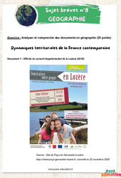 Dynamiques territoriales de la France contemporaine - 3ème - Sujets et corrigés du Brevet Géographie #8 - PDF à imprimer