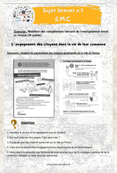 L’engagement des citoyens dans la vie de leur commune - 3ème - Sujets et corrigés du Brevet EMC #1 - PDF à imprimer