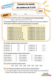 Connaître les moitiés des nombres de 2 à 40 – CE2 – Exercices Pas à Pas - Cycle 2 - PDF à imprimer