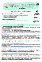 La Constitution, la séparation des pouvoirs et la laïcité - 3ème - Séquence complète EMC + Questions de préparation au brevet - PDF à imprimer
