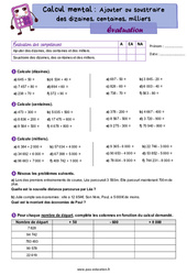 Evaluation Ajouter ou soustraire des dizaines, centaines, milliers - CM1 - Evaluation - Cycle 3 - PDF à imprimer