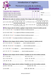 Poursuivre une suite de nombres (Introduction à l’algèbre) - CM1 - Evaluation avec les corrigés - Cycle 3 - PDF à imprimer
