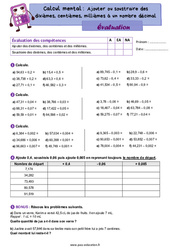 Exercice Ajouter ou soustraire des dixièmes, centièmes, millièmes à un nombre décimal - CM2 - Evaluation - Cycle 3 - PDF à imprimer