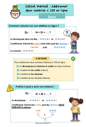 Leçon Additionner deux nombres inférieurs à 100 en ligne - CE2 - Leçon - Cycle 2 - PDF gratuit à imprimer