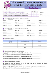 Exercice Calculer le double et la moitié d’un nombre décimal simple - CM2 - Evaluation - Cycle 3 - PDF à imprimer