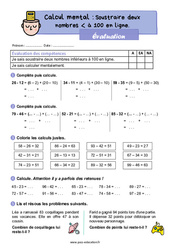 Soustraire deux nombres inférieurs à 100 en ligne - CE2 - Evaluation - PDF à imprimer