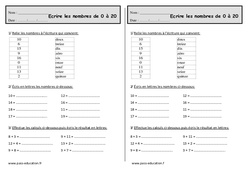 Écrire les nombres de 0 à 20 - Ce1 - Exercices  - PDF à imprimer
