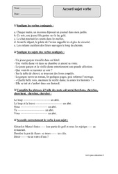 Accord sujet verbe - Cm1 - Exercices corrigés - grammaire - Cycle 3 - PDF à imprimer