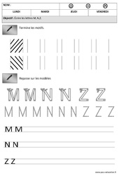 Lettres M,N, Z - Obliques - Maternelle - Moyenne Section - MS - PDF à imprimer