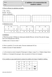 Addition et soustraction des nombres entiers - Cm2 – Exercices corrigés – Calcul – Mathématiques – Cycle 3 - PDF à imprimer