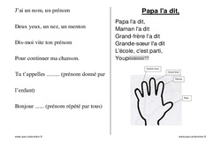Comptine de la rentrée – Maternelle – Petite, moyenne et grande section – PS – MS – GS - PDF à imprimer