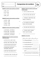 Comparaison de nombres - 6ème - Exercices corrigés - Nombres entiers - PDF à imprimer