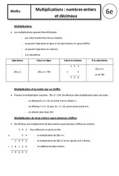Multiplications - Nombres entiers - Décimaux - Cours - 6ème