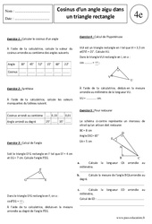 Cosinus d’un angle aigu dans un triangle rectangle - Exercices corrigés - 4ème - Application - Trigonométrie - PDF à imprimer