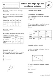 Cosinus d’un angle aigu dans un triangle rectangle – 4ème - Exercices corrigés – Application – Trigonométrie - PDF à imprimer