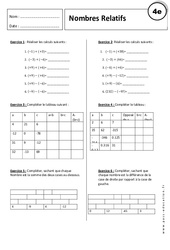 Additions - Soustractions - Nombres Relatifs - 4ème - Exercices corrigés - PDF à imprimer