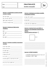 Calcul littéral - Identités remarquables - 3ème - Exercices corrigés - PDF à imprimer