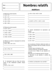 Additions - Nombres relatifs – Exercices corrigés - 5ème - PDF à imprimer