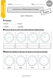 Je lis l’heure sur différents types d’horloges - CM1 - Exercices à imprimer
