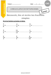 Découvrir, lire et écrire les fractions simples - CM1 - Exercices avec correction - PDF à imprimer